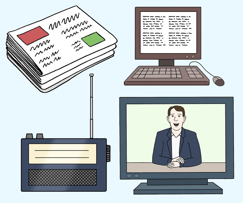 Zeichnerische Darstellung eines Fernsehers, eines Radios, einer Zeitung und eines Computers