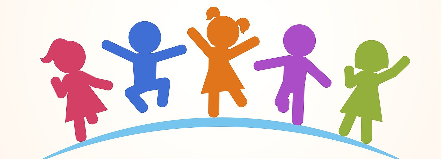 Illustration: Icons, die 5 Kinder zeigen. Sie stehen in einer leicht gebogenen Linie nebeneinander.