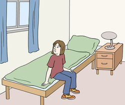Zeicherische Darstellung: Ein Kind sitzt auf einem Krankenhausbett und sieht aus dem Fenster. Es wirkt verloren.