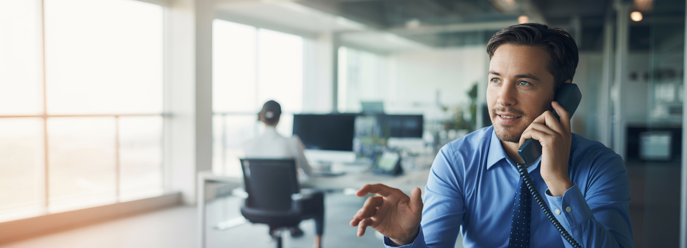 Geschäftsmann im blauen Hemd telefoniert rechts im modernen Büro, mit freundlichem Ausdruck und Handgeste; links viel helle Fensterfläche mit Tageslicht; Kollegin unscharf im Hintergrund.