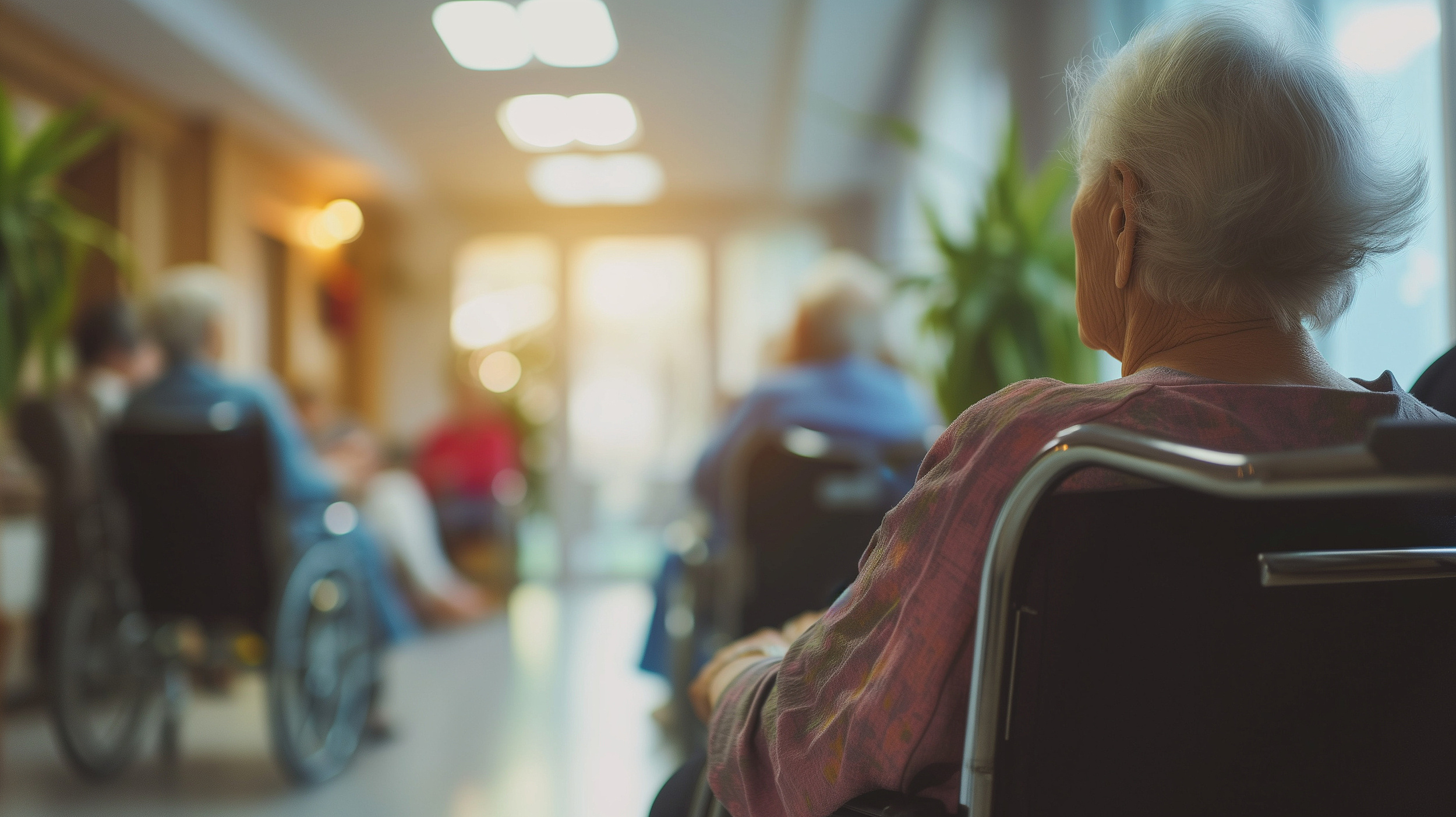 Aufenthaltsbereich im Pflegeheim, Rückenansicht einer im Rollstuhl sitzenden Pflegeheimbewohnerin mit weißen kurzen Haaren; verschwommen im Hintergrund weitere Personen in Rollstühlen