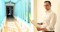 Foto: Junger Mann mit runder Brille und hell gepunktetem Hemd in einem lichtdurchfluteten Glasgang; er hält eine gelbe Mappe und blickt in die Kamera.