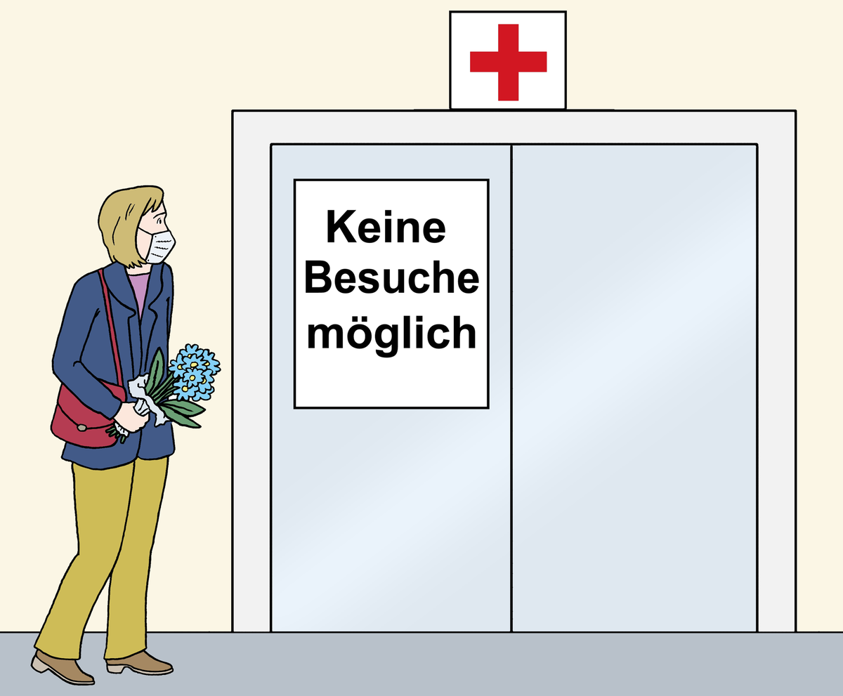 Zeichnung: Besucherin steht vor verschlossener Krankenhaustür