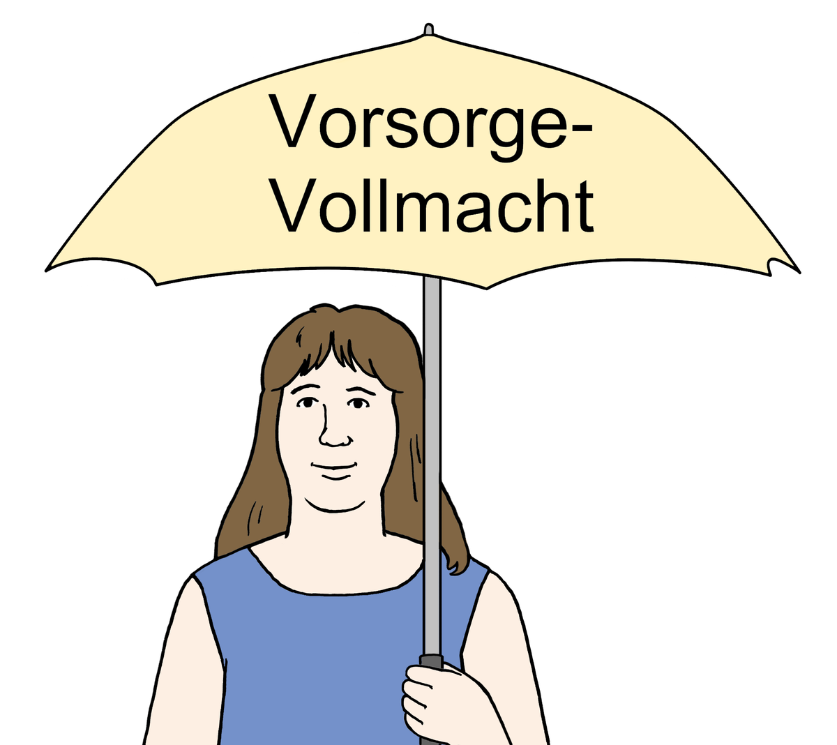 Zeichnung: Frau hält einen Schirm mit dem Schriftzug "Vorsorgevollmacht"