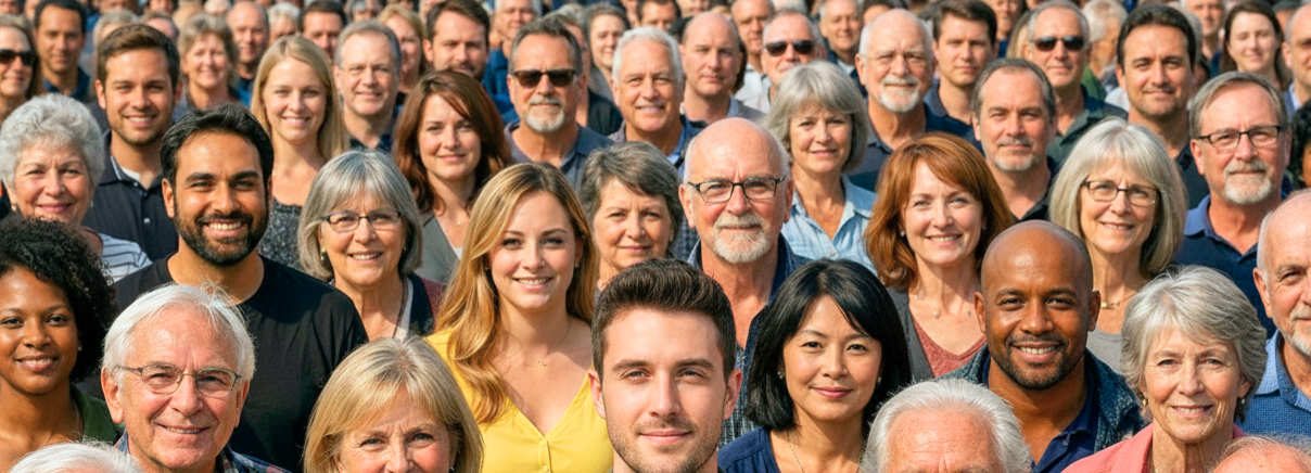 in Gruppenfoto einer großen, bunt gemischten Menschenmenge, die im Freien dicht gedrängt zusammensteht. Die Gruppe besteht aus Personen unterschiedlichsten Alters, Geschlechts und ethnischer Herkunft, die alle positiv und fröhlich direkt in die Kamera blicken.
