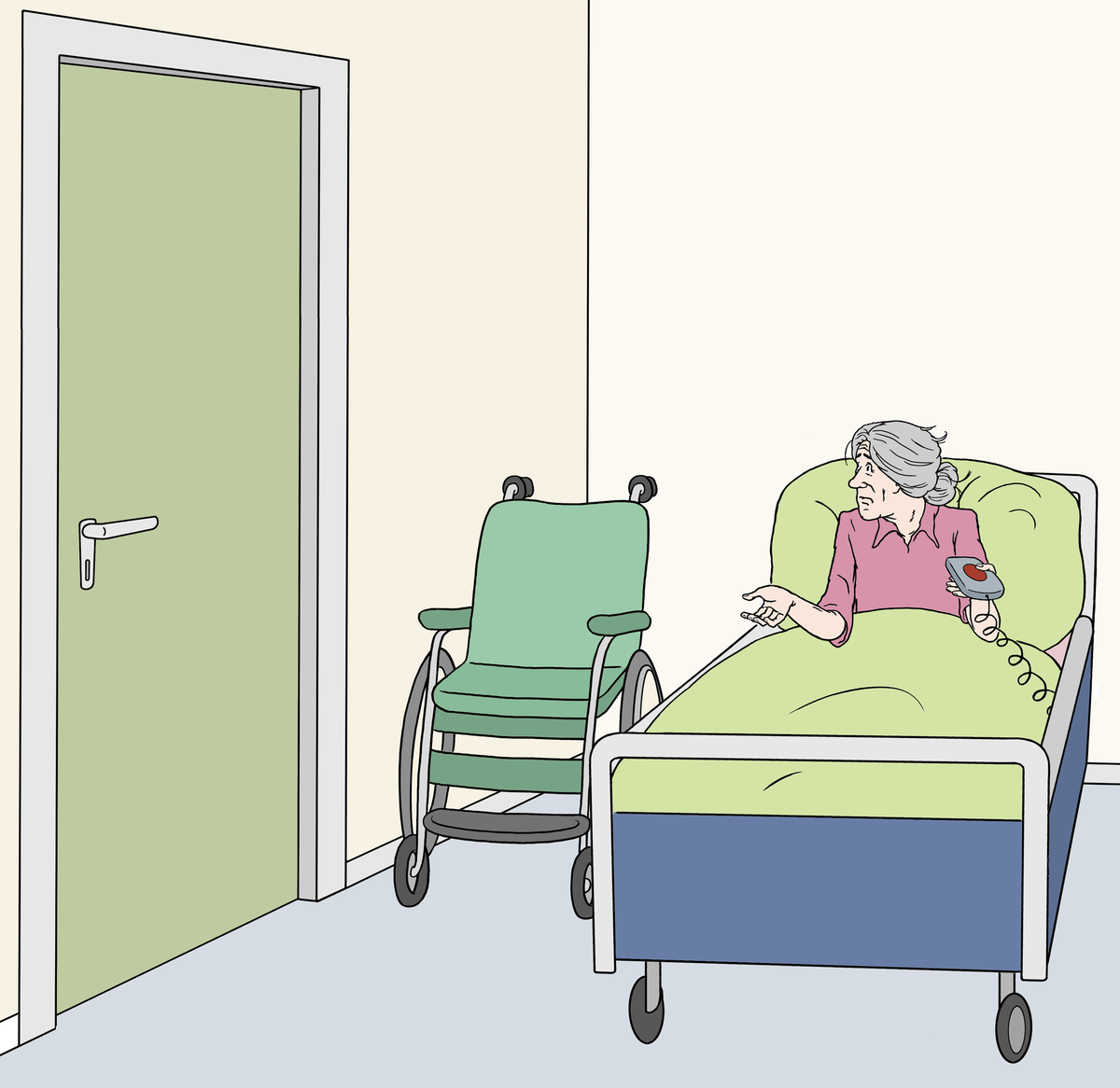 Zeichnung: Seniorin liegt im Bett und wartet auf eine Pflegerin, die nicht kommt 