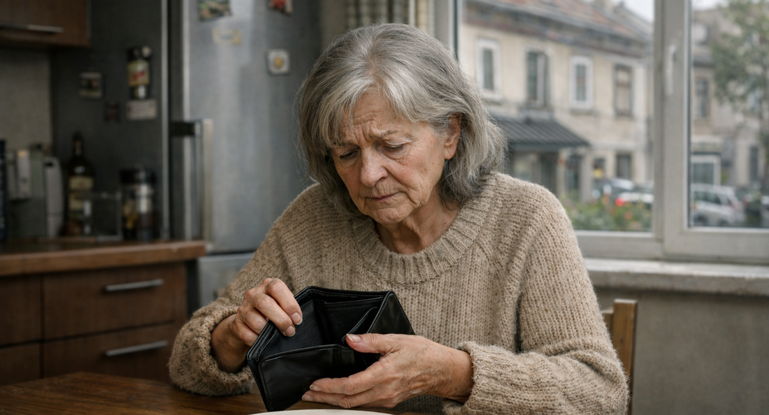 eine ältere Frau mit grauen Haaren, sie trägt einen beigen Pullover und sitzt am Küchentisch und blickt traurig in eine leere Geldtasche, vor ihr ein leerer Teller