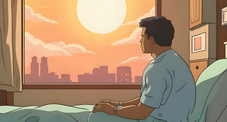 ein Patient sitzt im Bett und sieht aus dem Fenster auf eine sengende Sonne