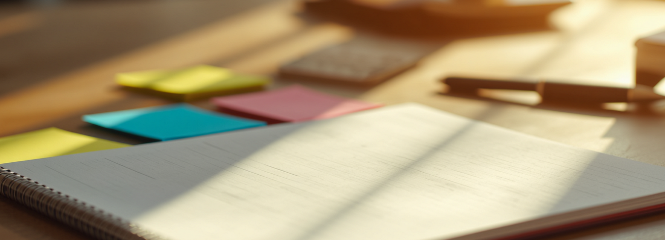 Schreibtischszene mit offenem Notizbuch, bunten Haftnotizen und unscharfen Büro-Utensilien im Hintergrund, von Sonnenlicht beleuchtet.