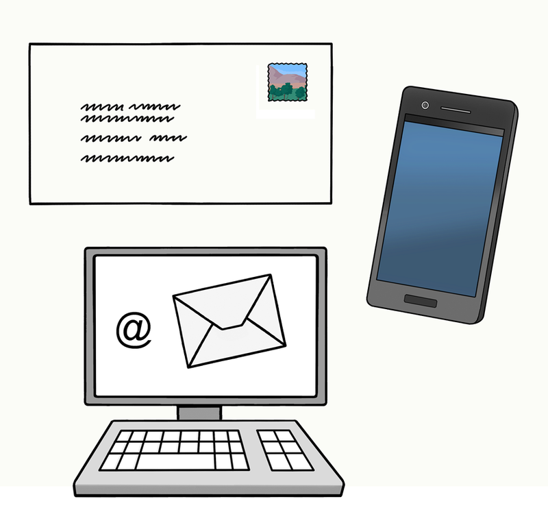 Zeichnerische Darstellung: ein Handy, ein Computer und ein Brief