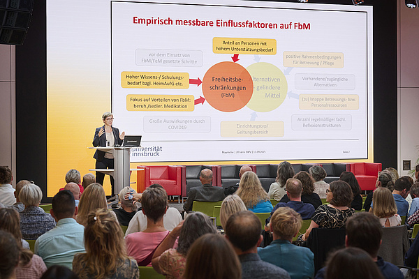 am Stehpult Hemma Mayrhofer, sie trägt blonde kurze Haare, eine Brille und ein dunkelblaues Sakko. Rechts neben ihr ist ein Diagramm auf einem Screen zu sehen